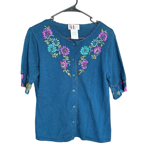 Vintage 90s Women’s R&K Short Sleeve Cardigan Sweater 8/M, Blue W/ Flower - Picture 1 of 9